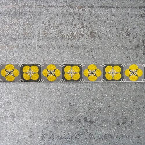 2-1/2 yard Remnant : LFNT Ribbon : Floral Tiles - Yellow on Gray