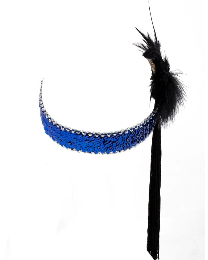 20s Blue Flower and Black Tassle Flapper Headband