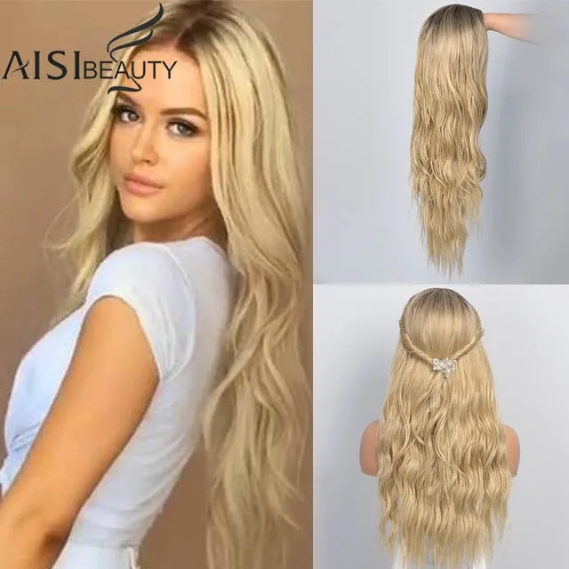 AISI BEAUTY Long Wavy Wig Natural Part Side Hair Ombre Synthetic Platinum Blonde Black Wigs Heat Resistant