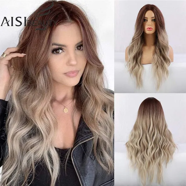 AISI BEAUTY Long Wavy Wig Natural Part Side Hair Ombre Synthetic Platinum Blonde Black Wigs Heat Resistant