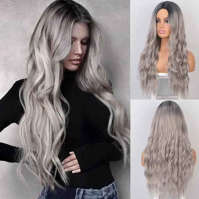 AISI BEAUTY Long Wavy Wig Natural Part Side Hair Ombre Synthetic Platinum Blonde Black Wigs Heat Resistant