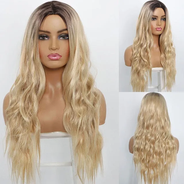 AISI BEAUTY Long Wavy Wig Natural Part Side Hair Ombre Synthetic Platinum Blonde Black Wigs Heat Resistant