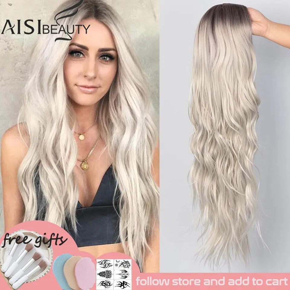 AISI BEAUTY Long Wavy Wig Natural Part Side Hair Ombre Synthetic Platinum Blonde Black Wigs Heat Resistant