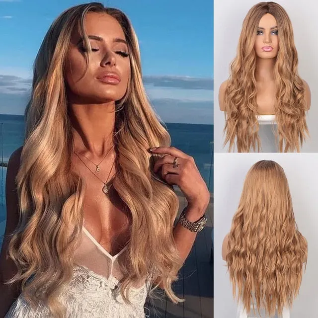 AISI BEAUTY Long Wavy Wig Natural Part Side Hair Ombre Synthetic Platinum Blonde Black Wigs Heat Resistant