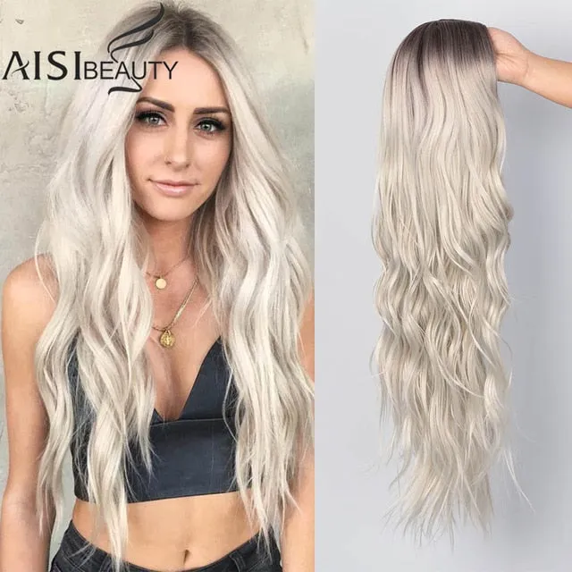 AISI BEAUTY Long Wavy Wig Natural Part Side Hair Ombre Synthetic Platinum Blonde Black Wigs Heat Resistant