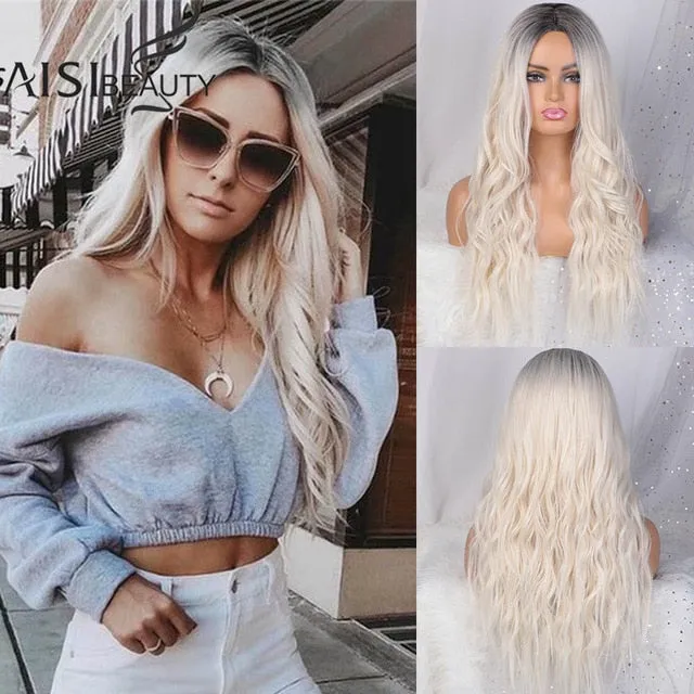 AISI BEAUTY Long Wavy Wig Natural Part Side Hair Ombre Synthetic Platinum Blonde Black Wigs Heat Resistant