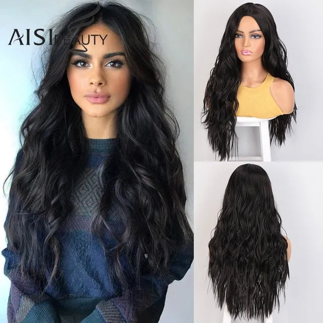 AISI BEAUTY Long Wavy Wig Natural Part Side Hair Ombre Synthetic Platinum Blonde Black Wigs Heat Resistant