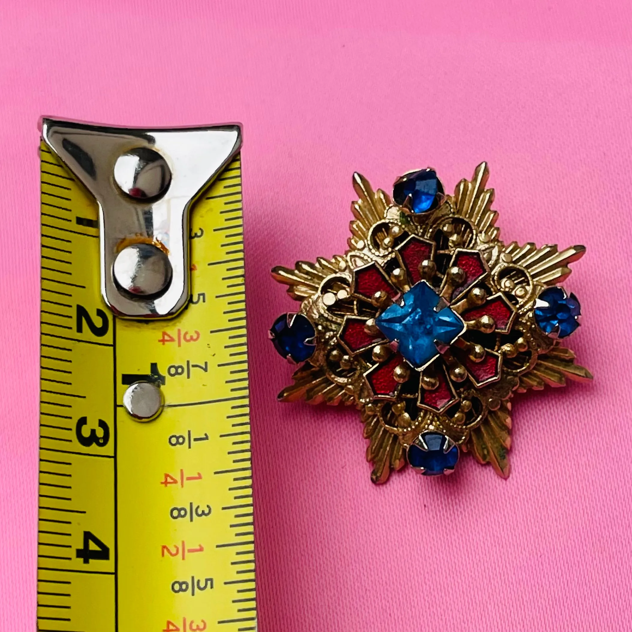 Antique Ornate Gold Tone Metal Colorful Bue Red Rhinestone Star Crest Brooch Pin