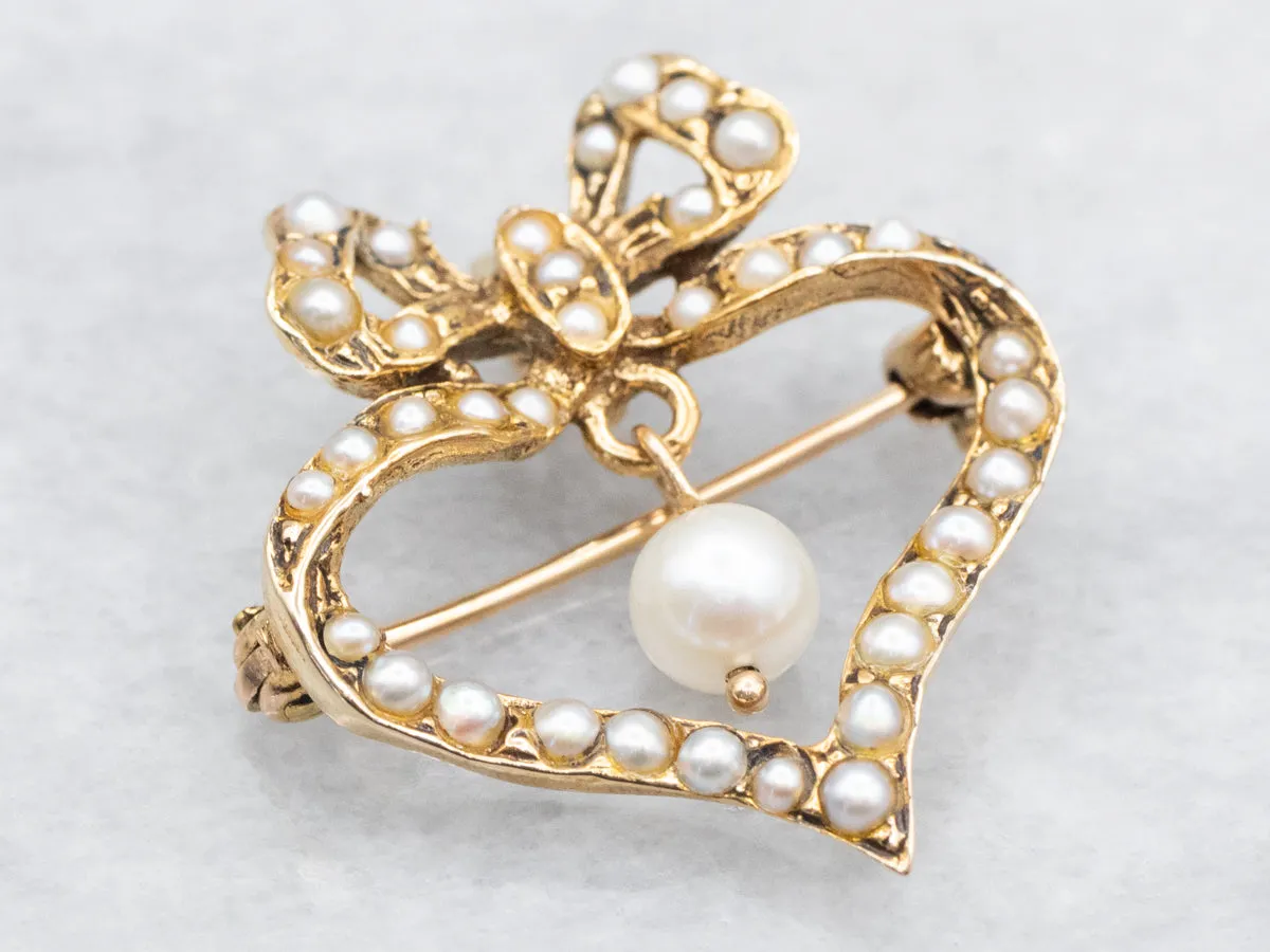 Antique Sweetheart Pearl and Seed Pearl Ribbon Brooch or Pendant