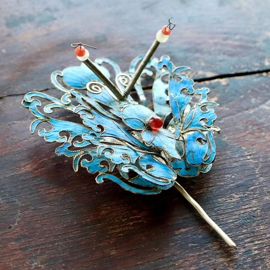 Antique Tian-Tsui (點翠) Hair Pin - Butterfly/Moth - 1014