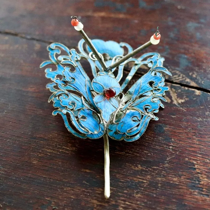 Antique Tian-Tsui (點翠) Hair Pin - Butterfly/Moth - 1014