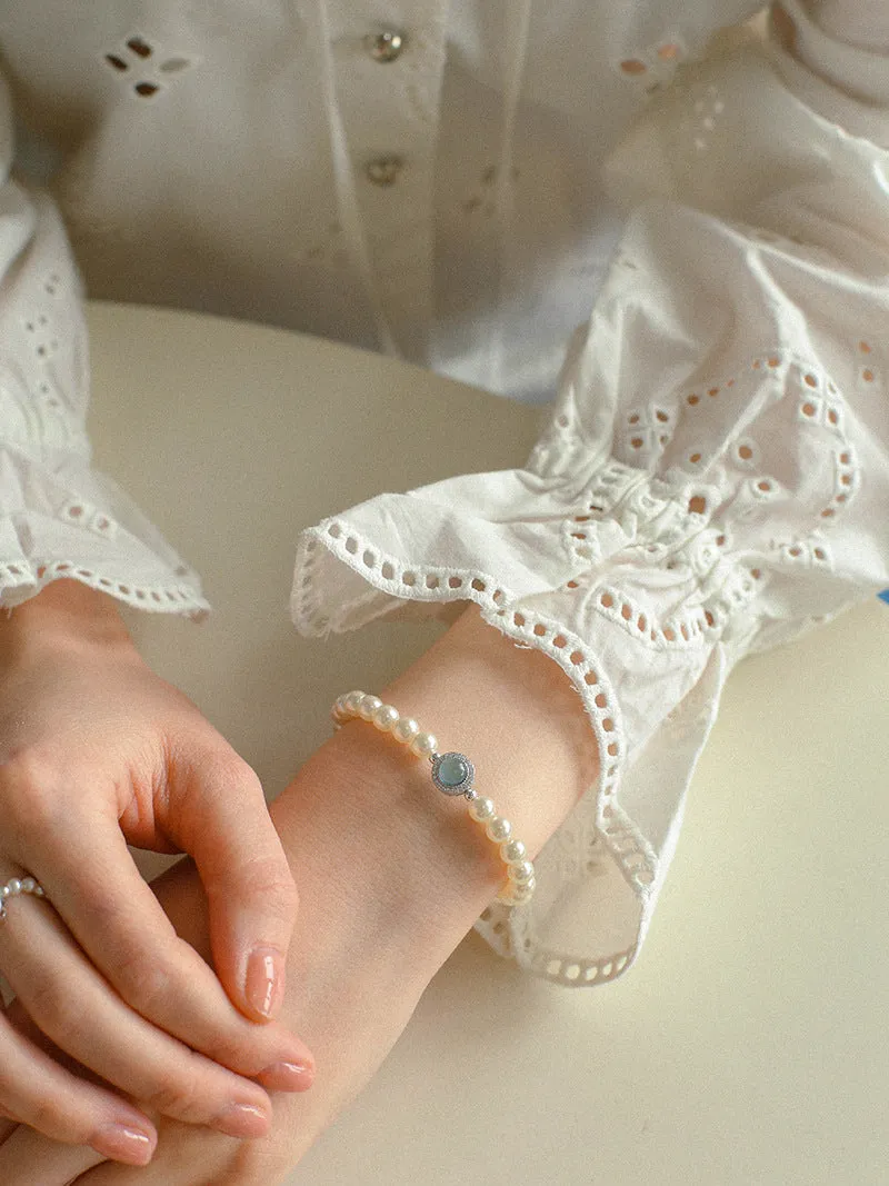 Aquamarine Oceanic Blue Sapphire and Pearl Bracelet