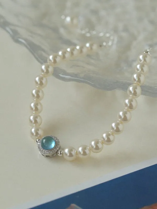 Aquamarine Oceanic Blue Sapphire and Pearl Bracelet