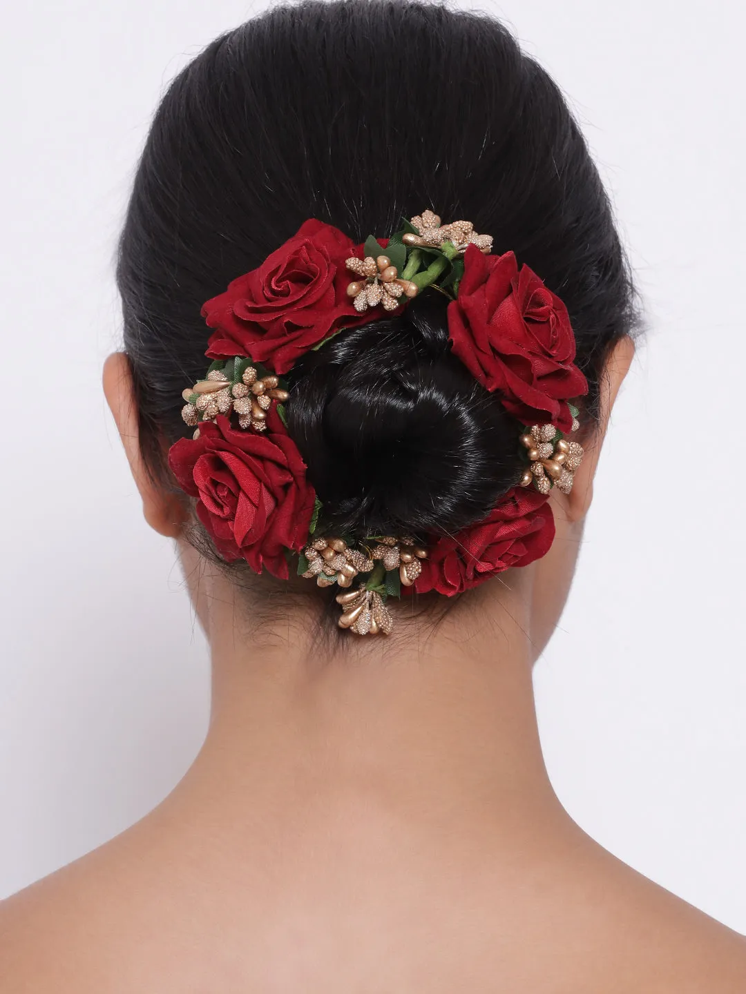 Artificial Red Rose Flower Handcrafted Fabric Gajra/Hair Bun Accessories