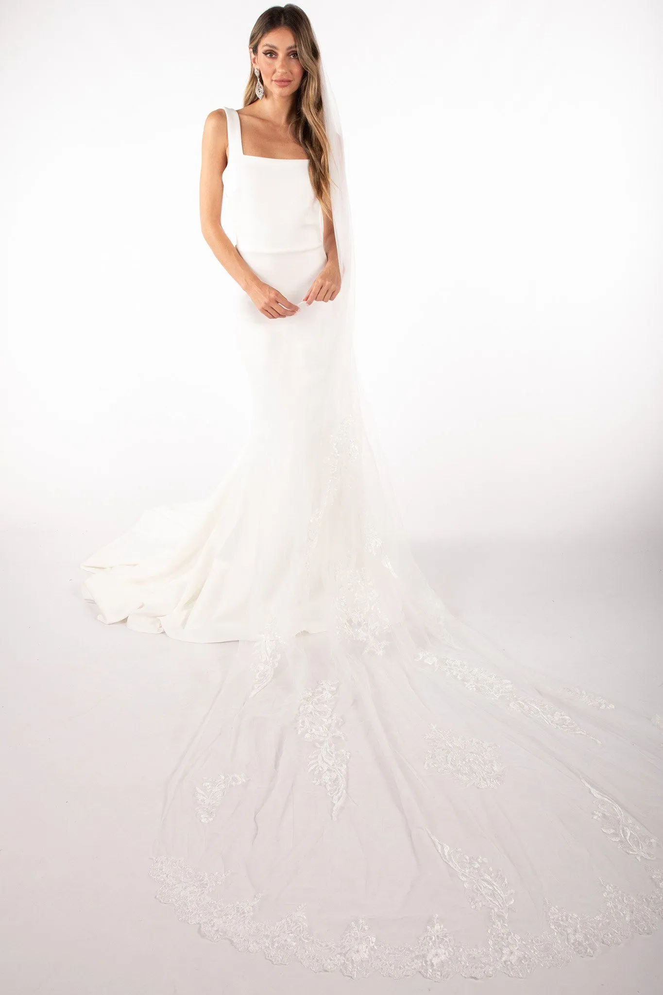 ASTER Long Wedding Veil with Lace Appliques