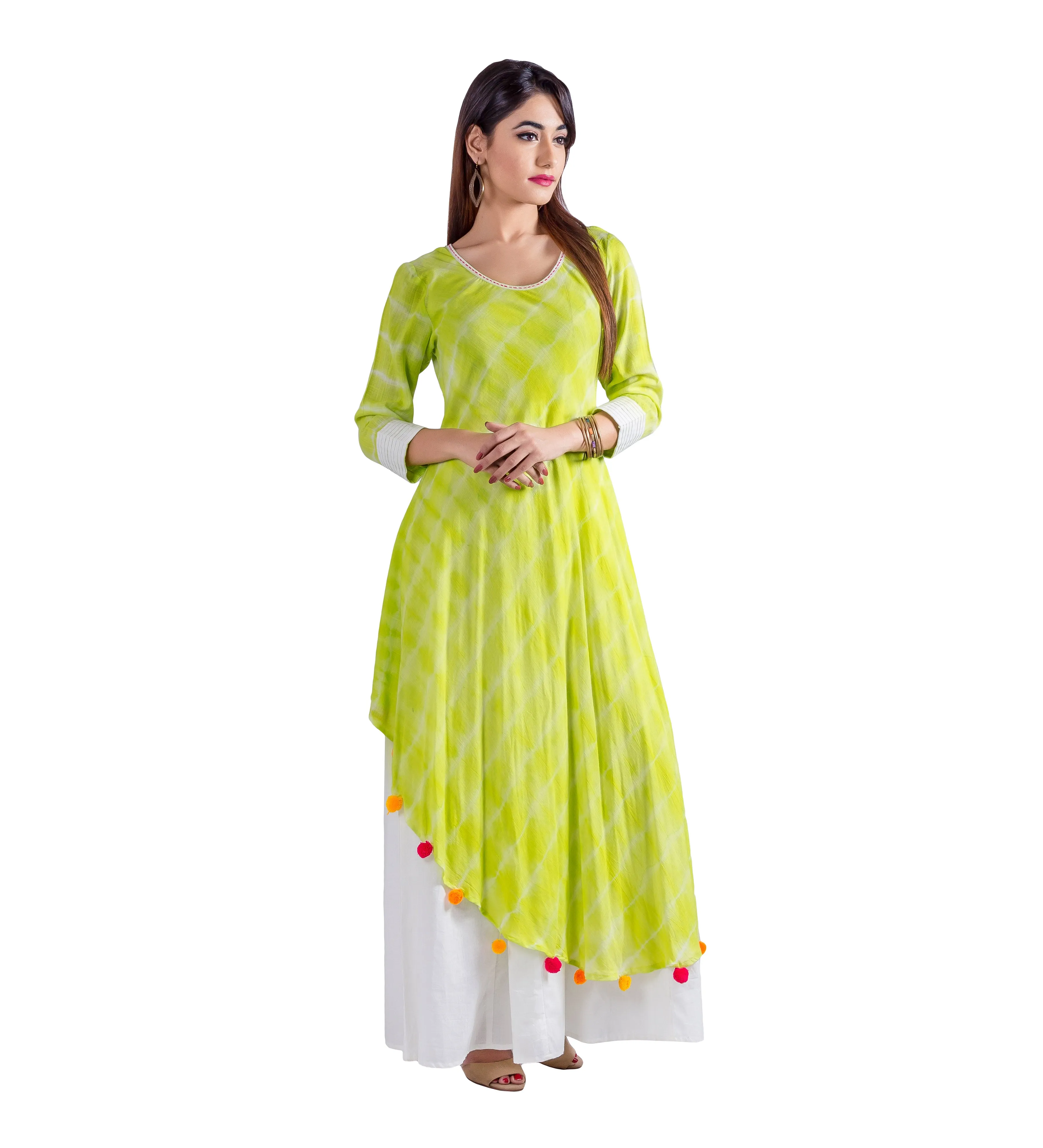 Asymmetrical Lime Tie And Dye Indo Western Dress