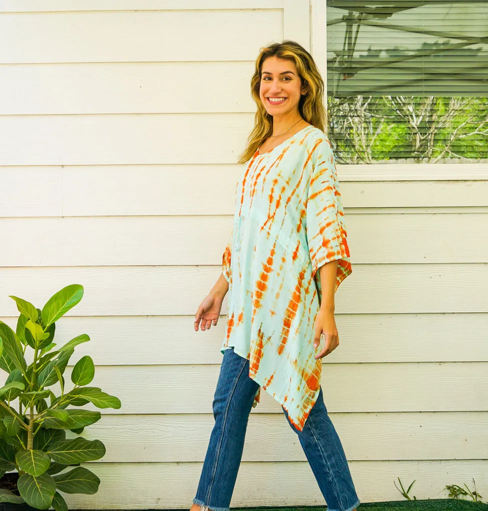 B3815- Shibori Hand Dyed Tunic Boho Kaftan Blouse Hippie Oversize Tops