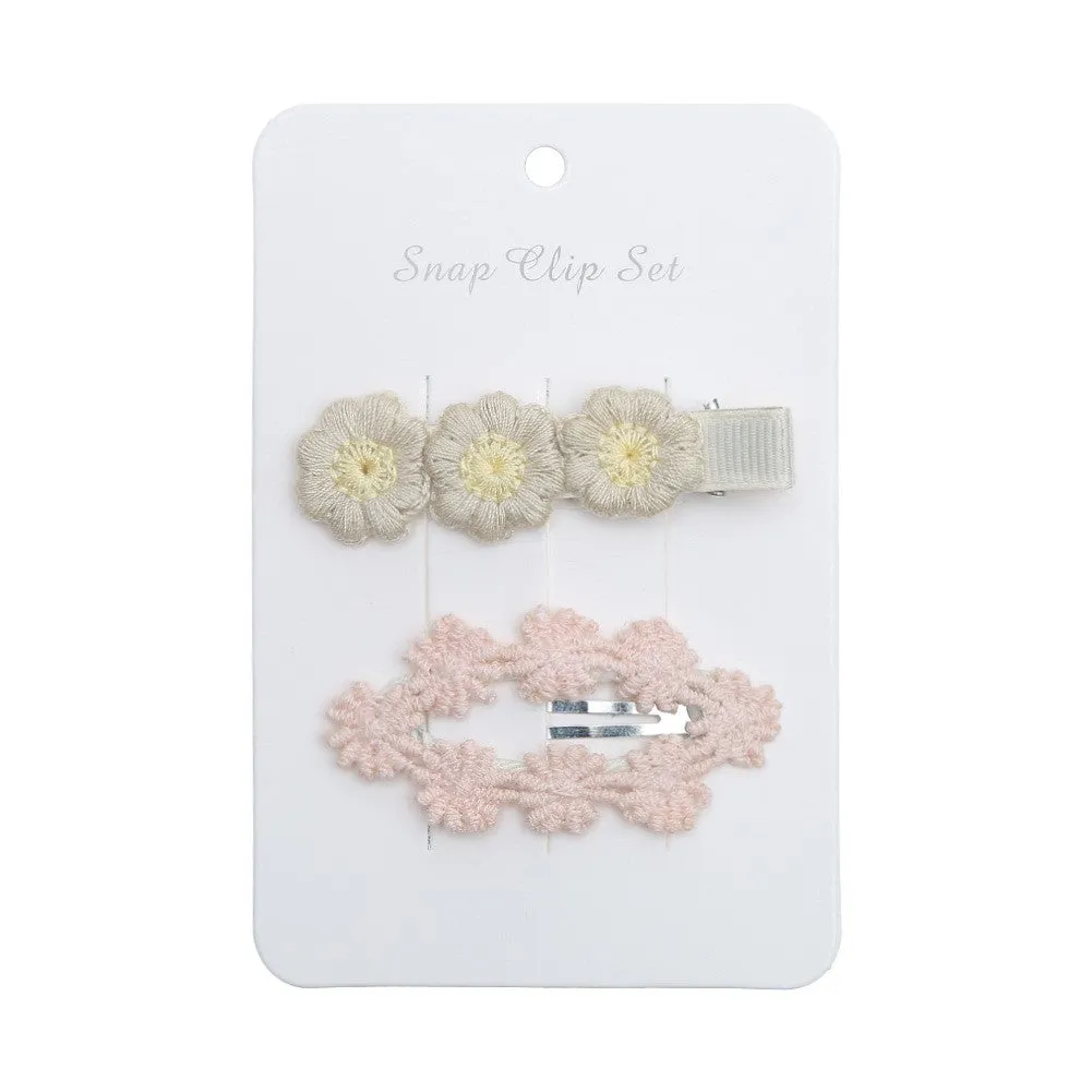 Baby Girl Floral Embroidered Snap Hair Clip Set in Ivory