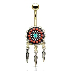 Beaded Nevajo Dream Catcher Belly Ring in Gold