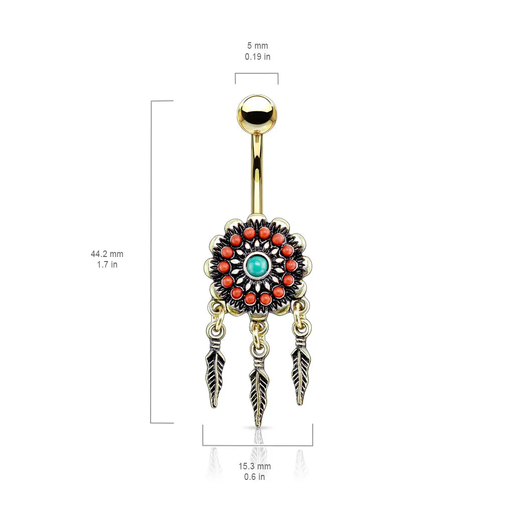 Beaded Nevajo Dream Catcher Belly Ring in Gold