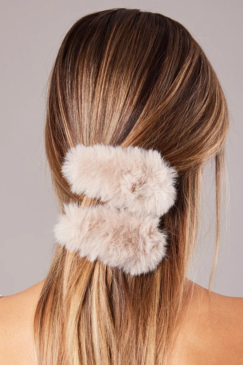 Beige 2 Pack Faux Fur Hair Clips