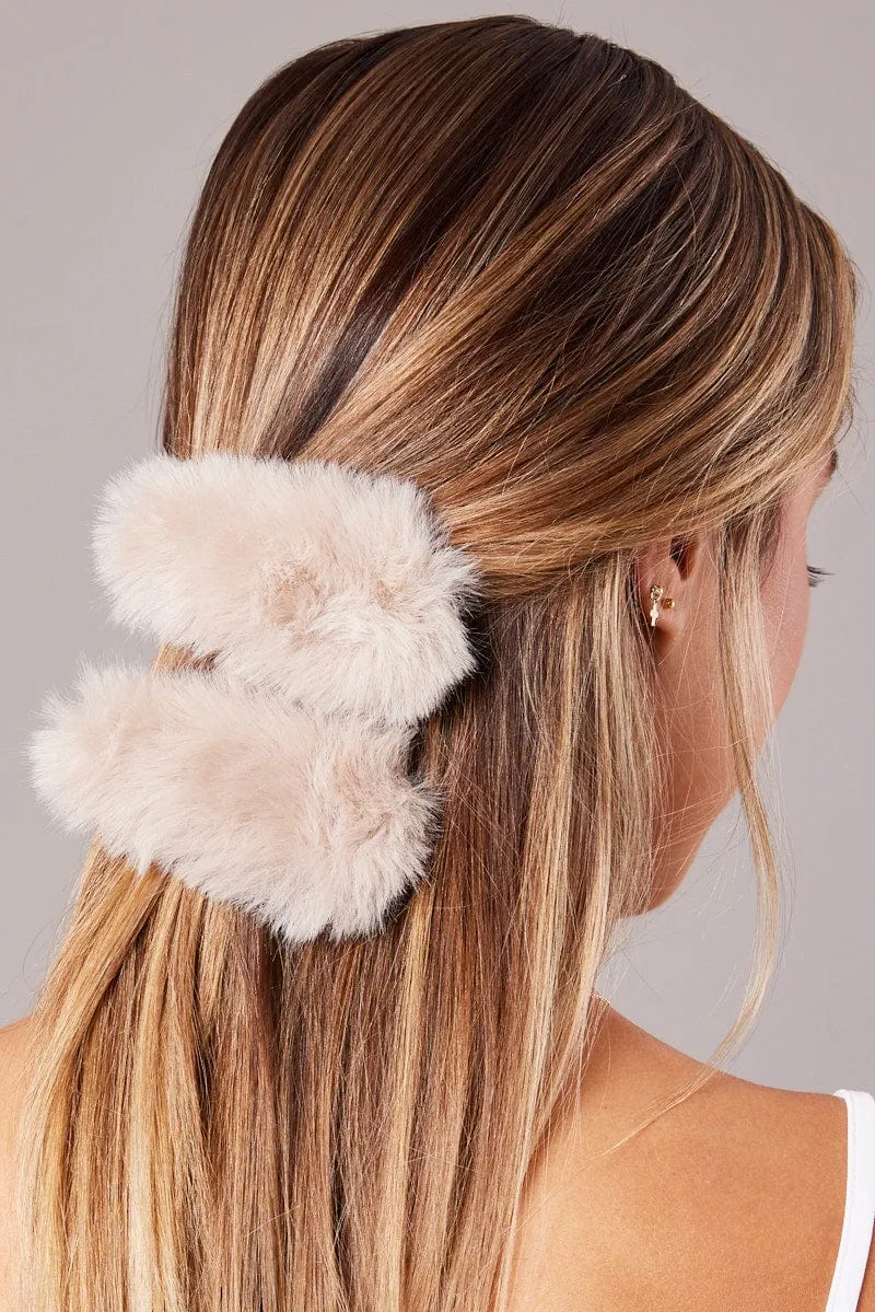 Beige 2 Pack Faux Fur Hair Clips