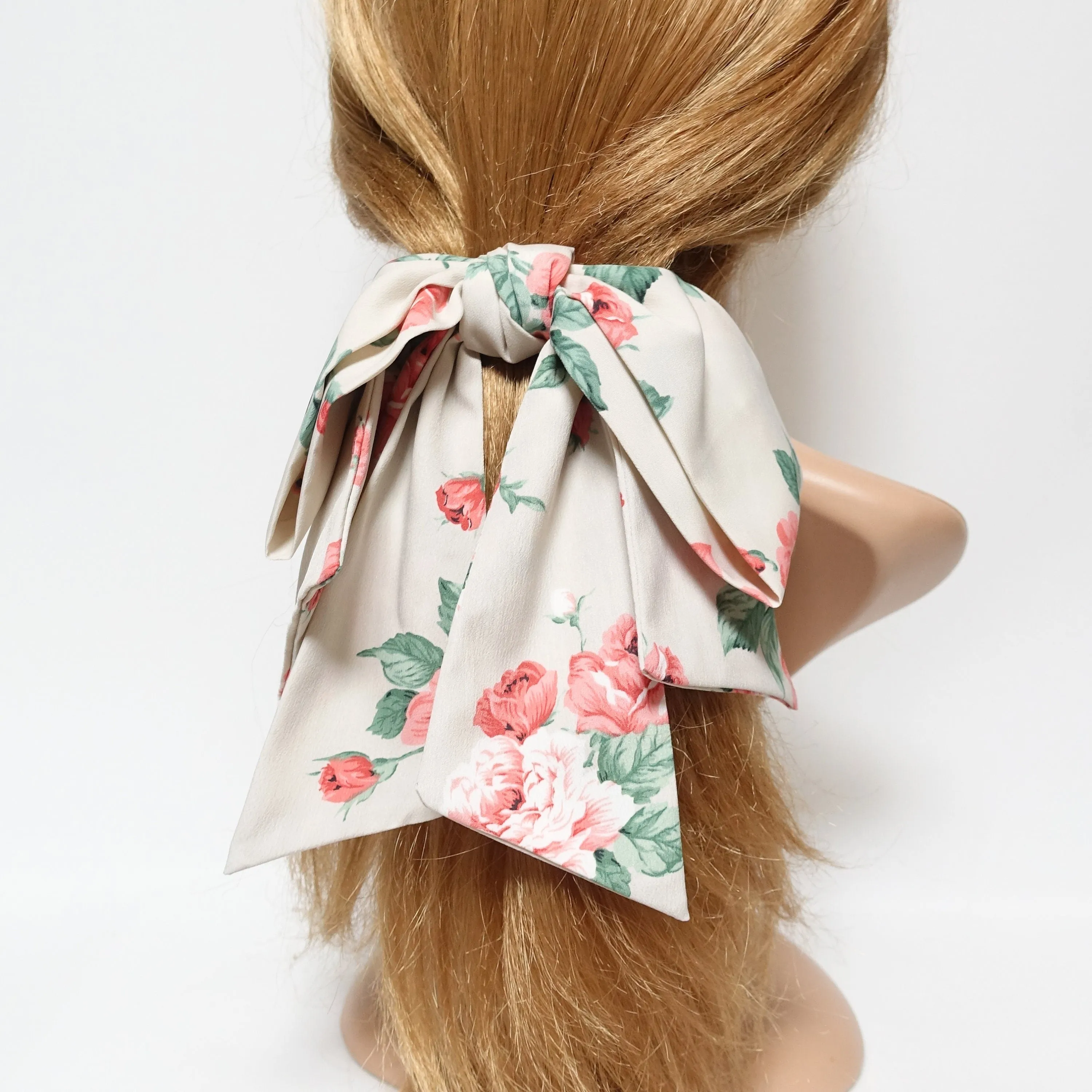 big flower print pattern  layered droopy tail bow french barrette stylish women hair accessory