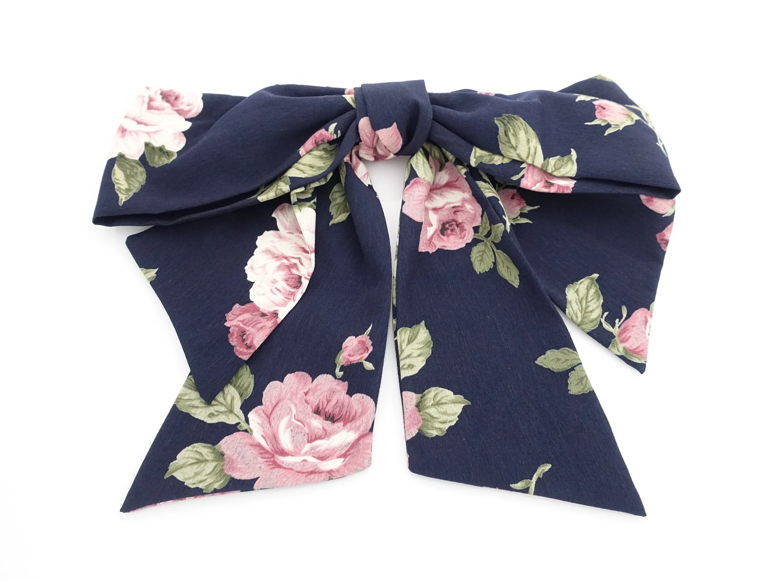 big flower print pattern  layered droopy tail bow french barrette stylish women hair accessory