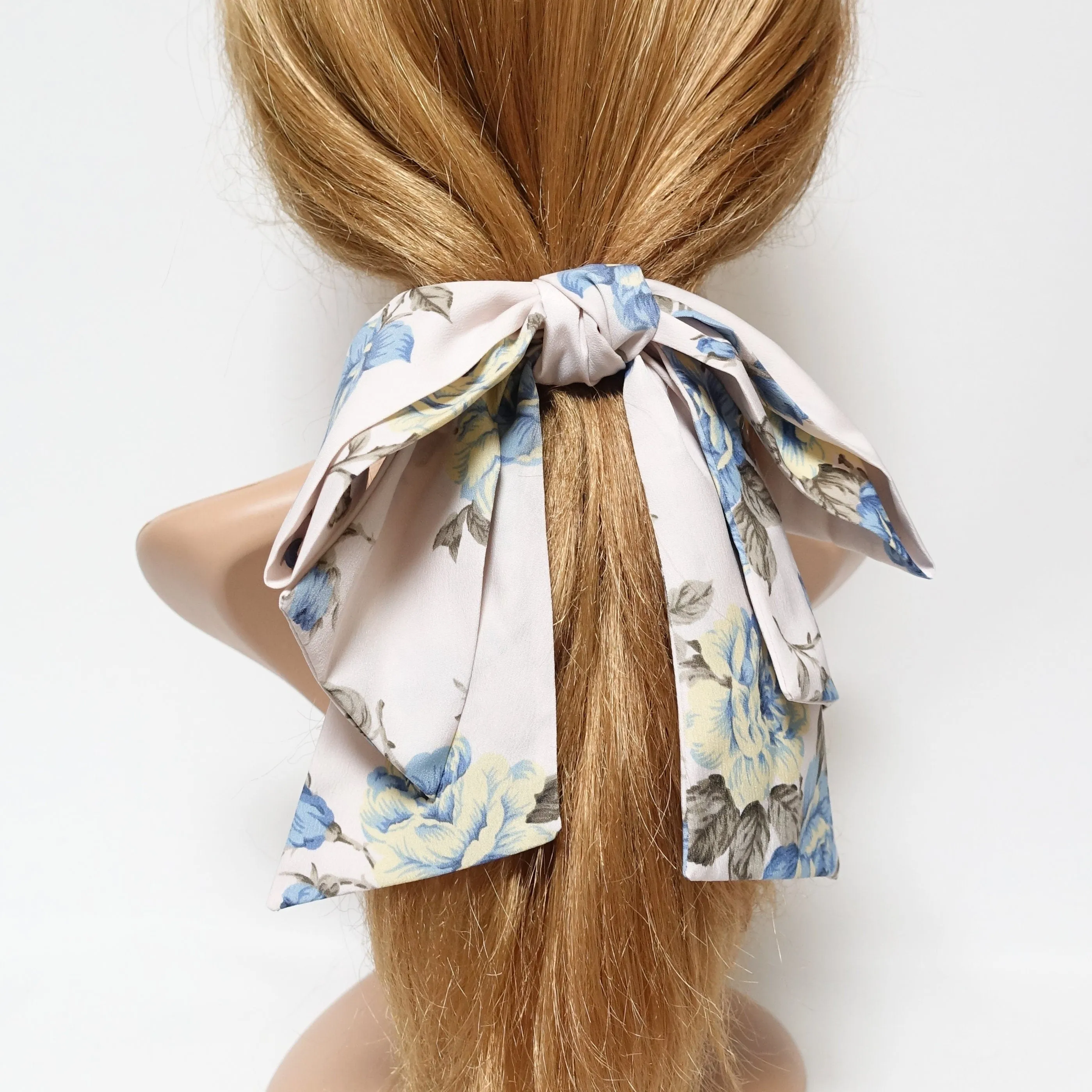 big flower print pattern  layered droopy tail bow french barrette stylish women hair accessory