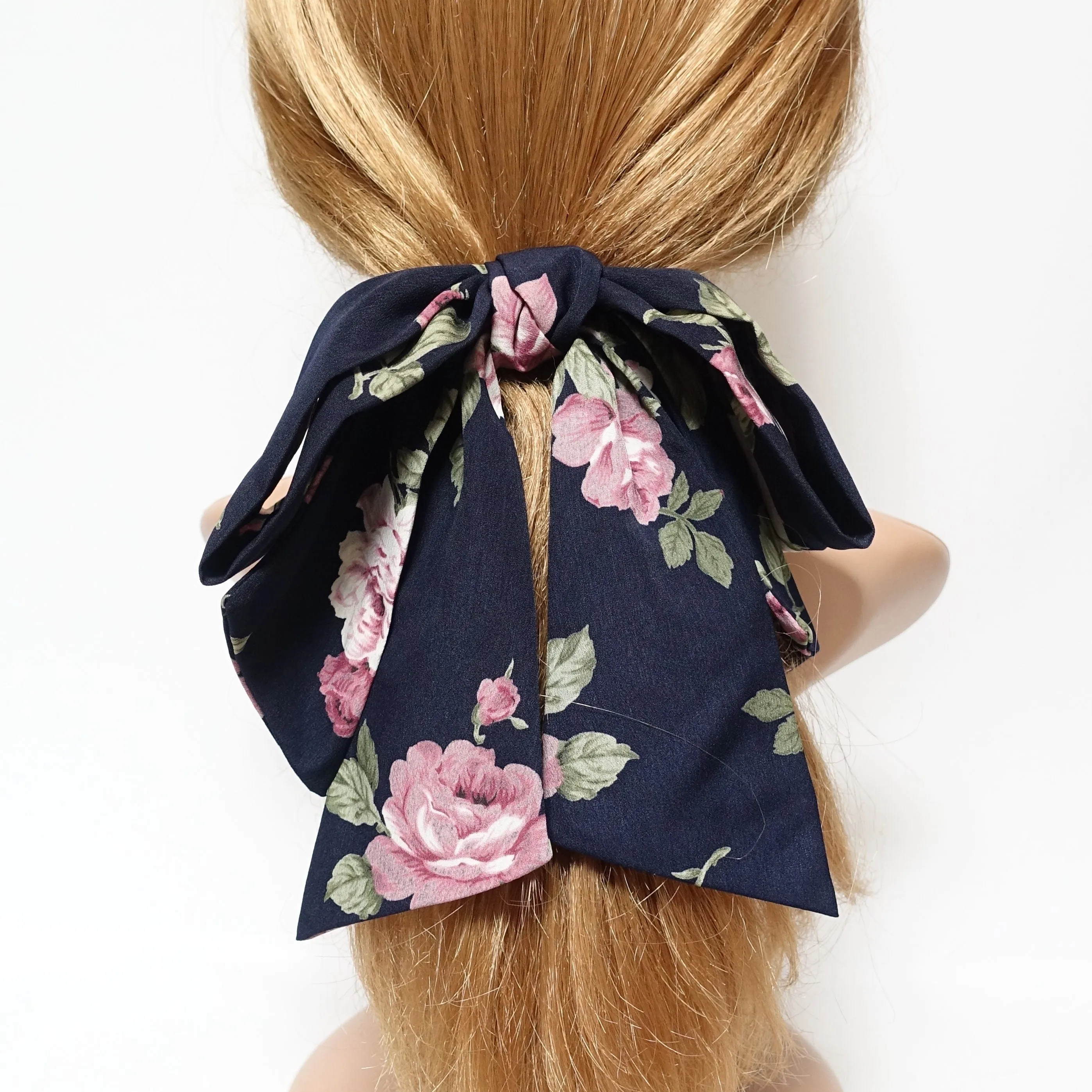 big flower print pattern  layered droopy tail bow french barrette stylish women hair accessory