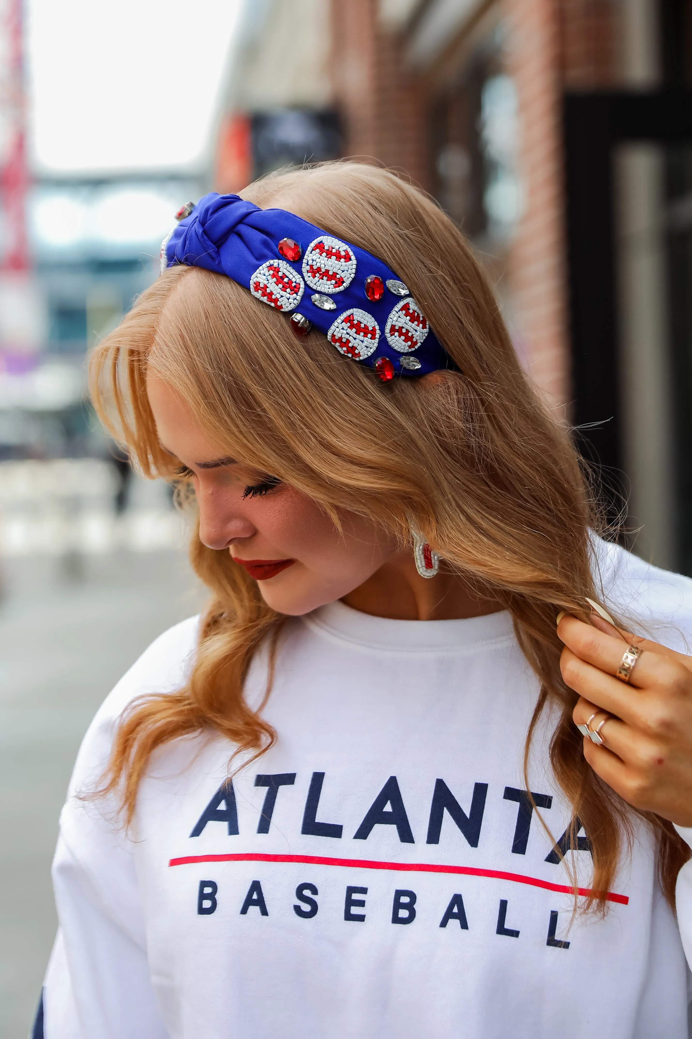 Blue Beaded Baseball Knotted Headband