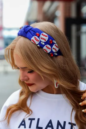 Blue Beaded Baseball Knotted Headband