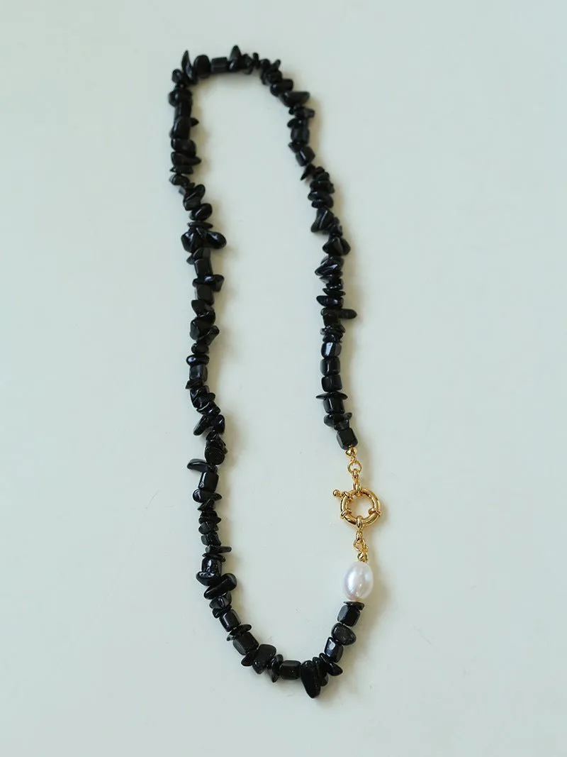 Brilliant Black Onyx Crushed Stone and Pearl Necklace