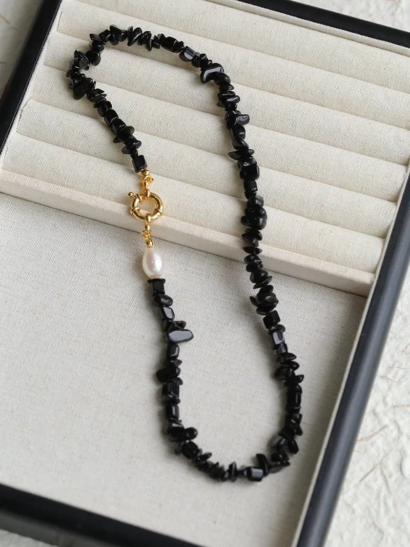 Brilliant Black Onyx Crushed Stone and Pearl Necklace