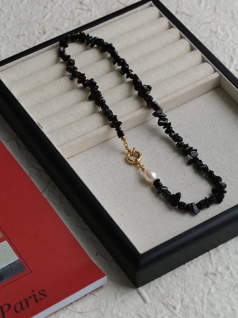 Brilliant Black Onyx Crushed Stone and Pearl Necklace