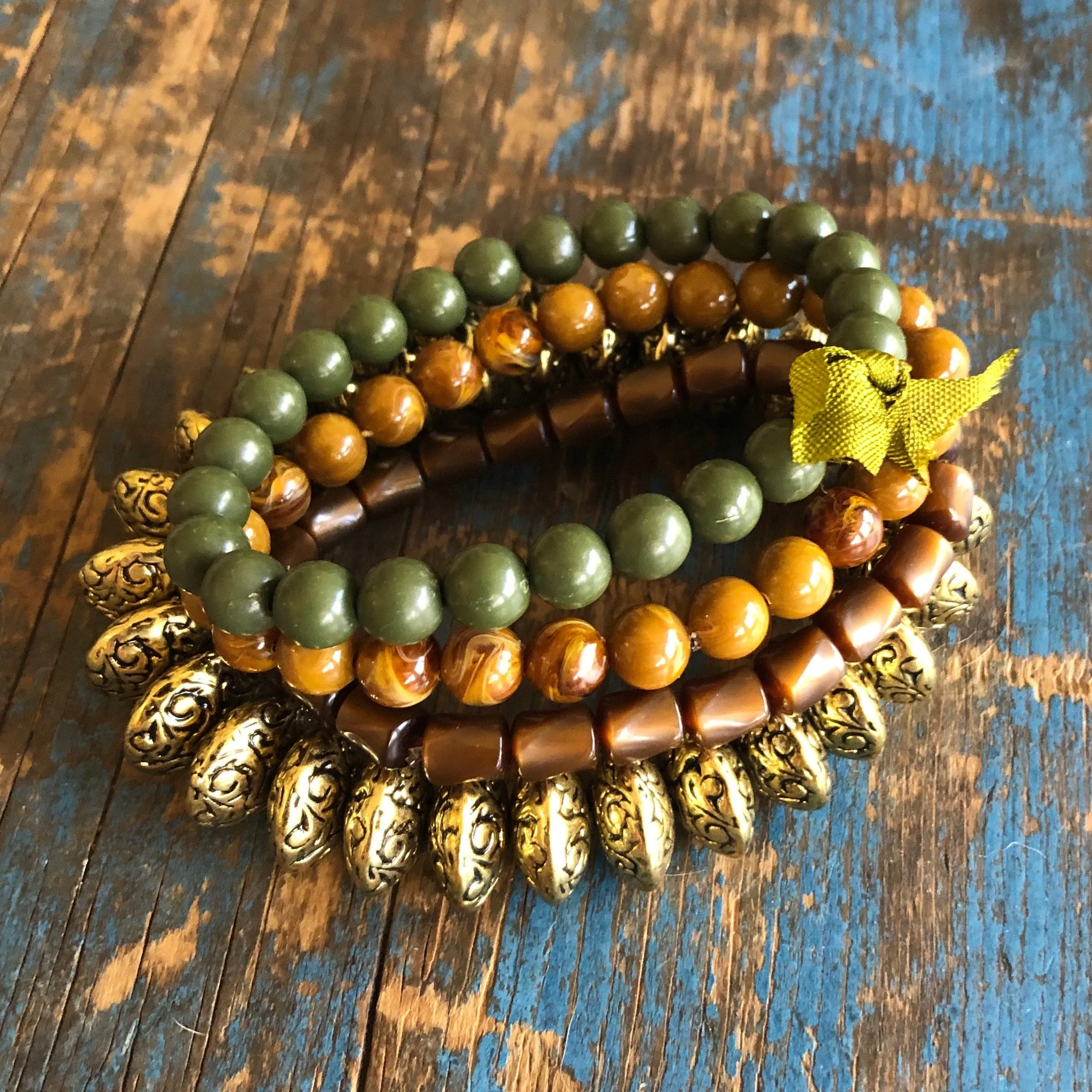 Butterscotch Golden Green Stack and Stretch Bracelet Set *