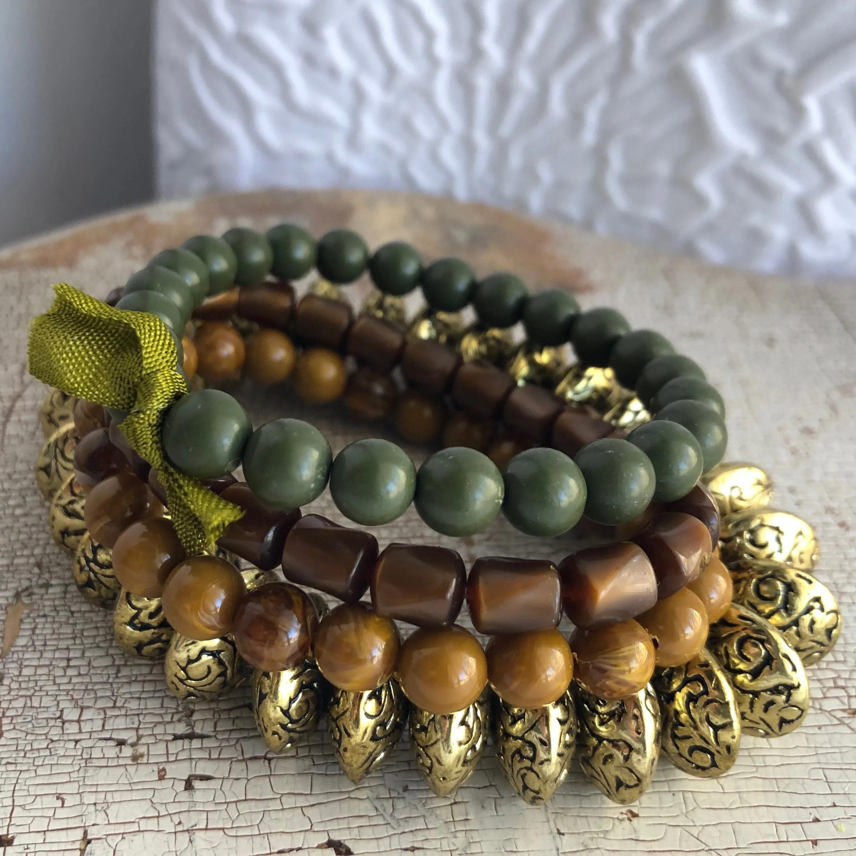 Butterscotch Golden Green Stack and Stretch Bracelet Set *