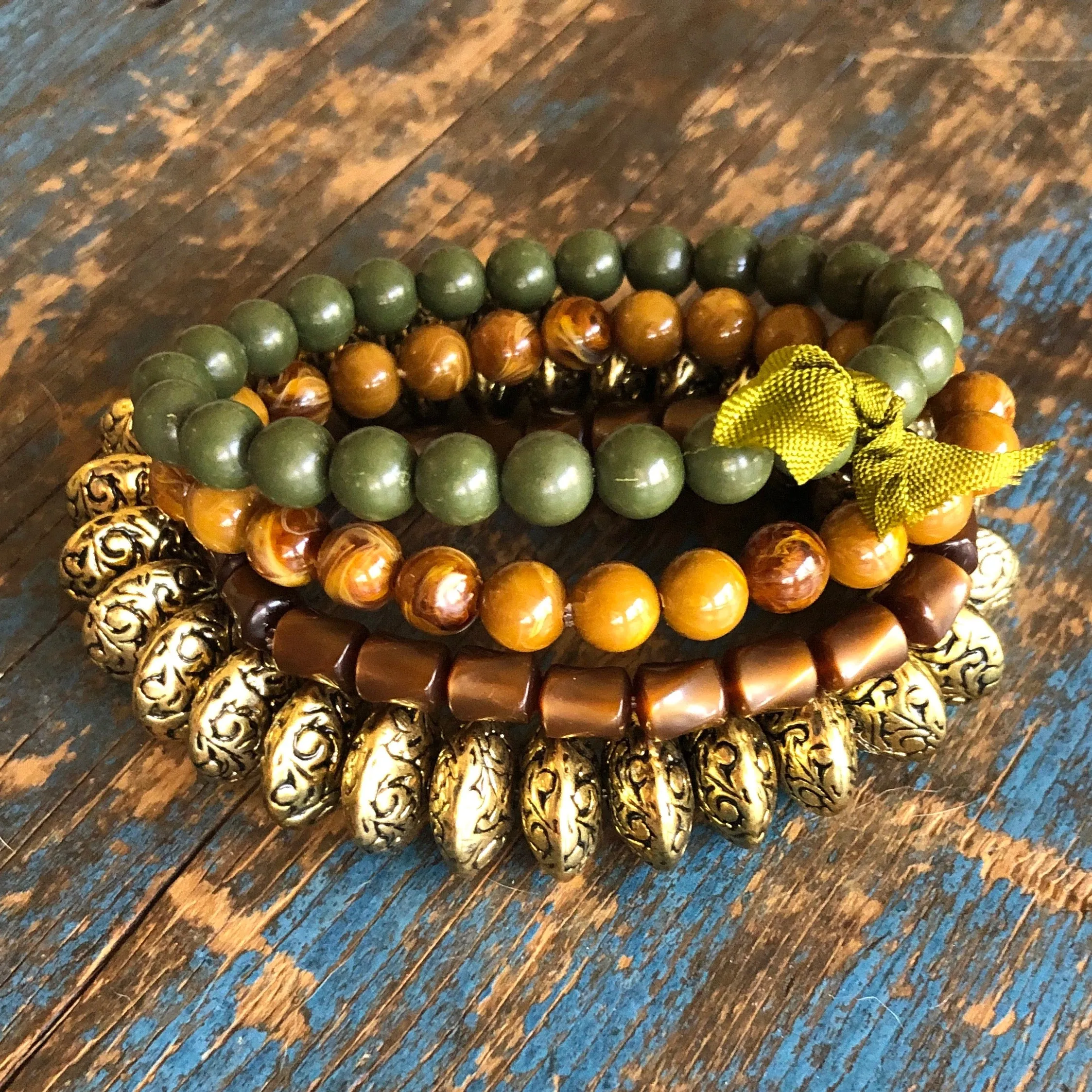 Butterscotch Golden Green Stack and Stretch Bracelet Set *