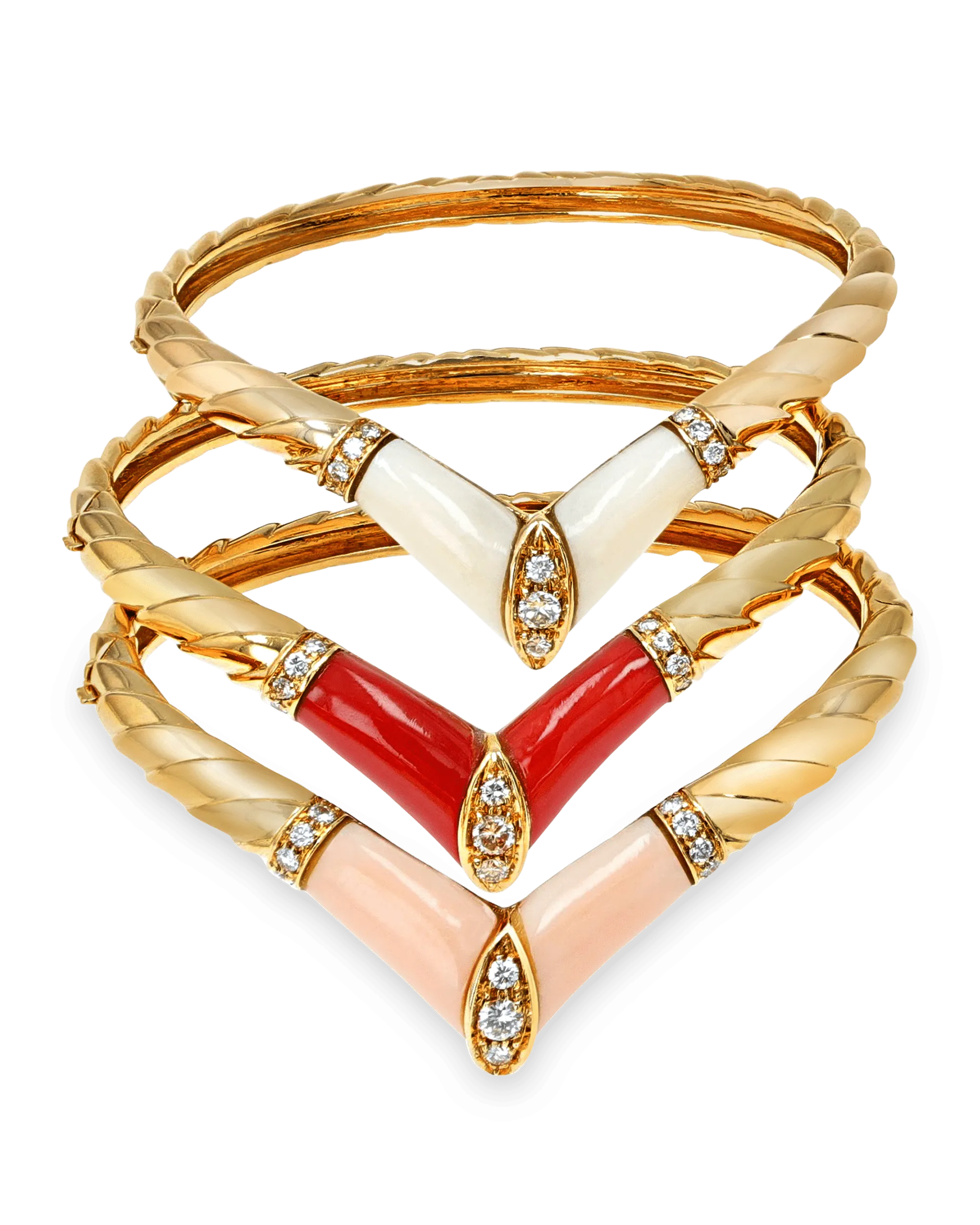 Coral and Diamond Bangle Bracelet Set