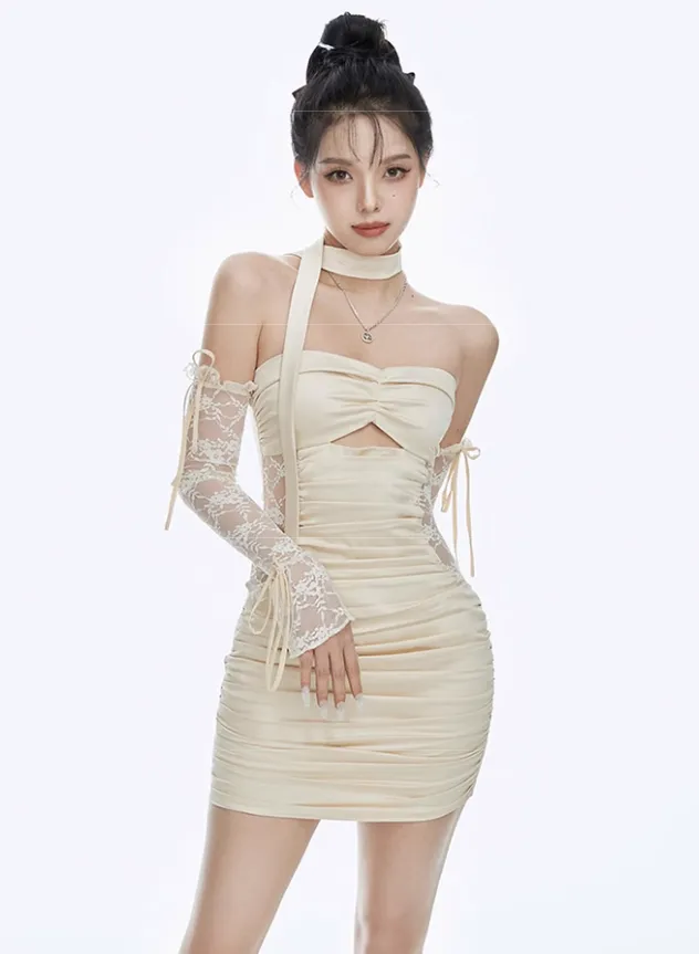 Cutout Lace Bodycon Ribbon Mini Dress with Sleeves