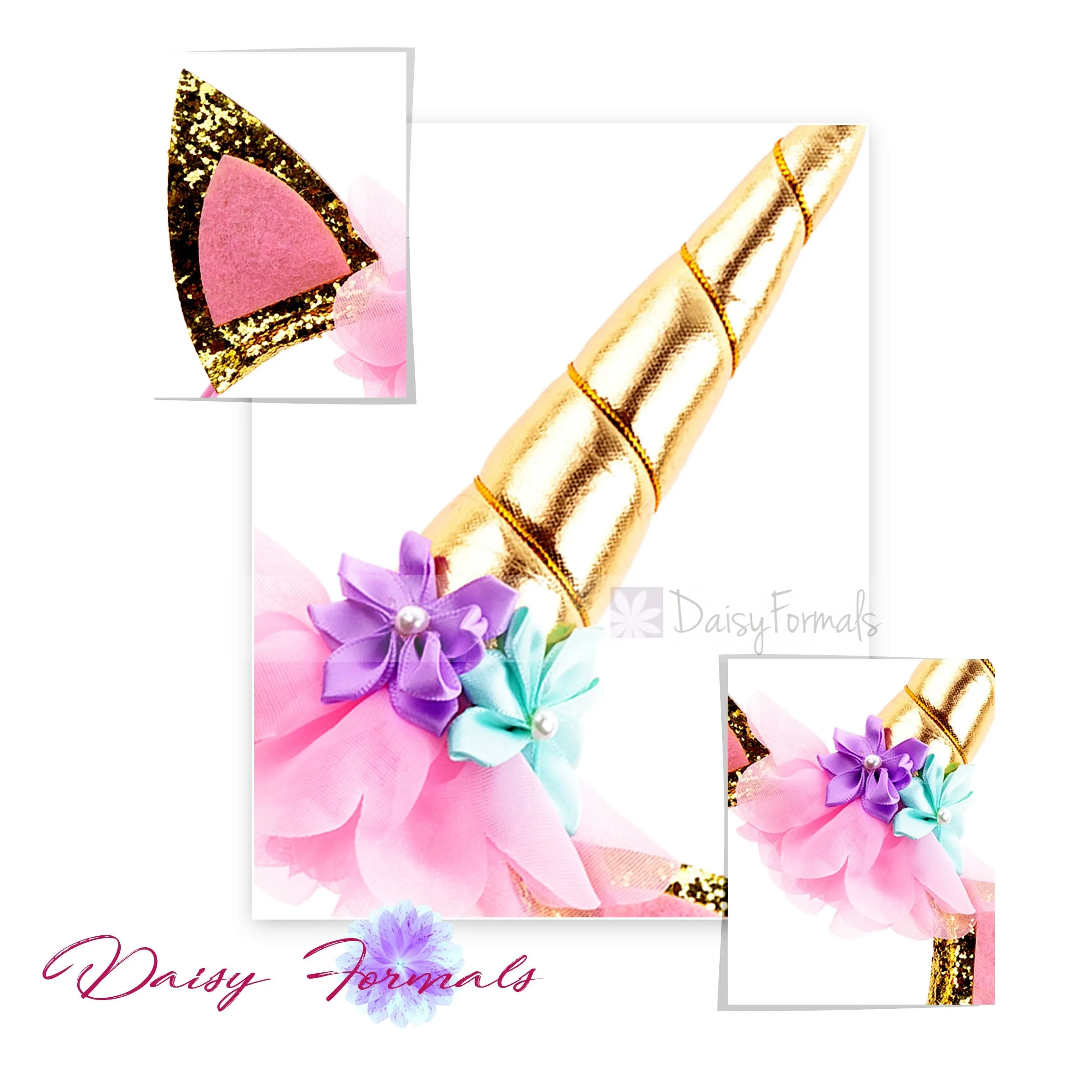 DaisyFormals 4 PCS Shining Gold Glitter Unicorn Horn Headbands Flowers Ears Headbands for Party Decoration or Cosplay Costume, Free Bonus- 8 PCS Hair Clips