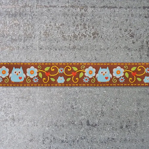 Dena Designs Ribbon : Happi Owls - Blue on Brown