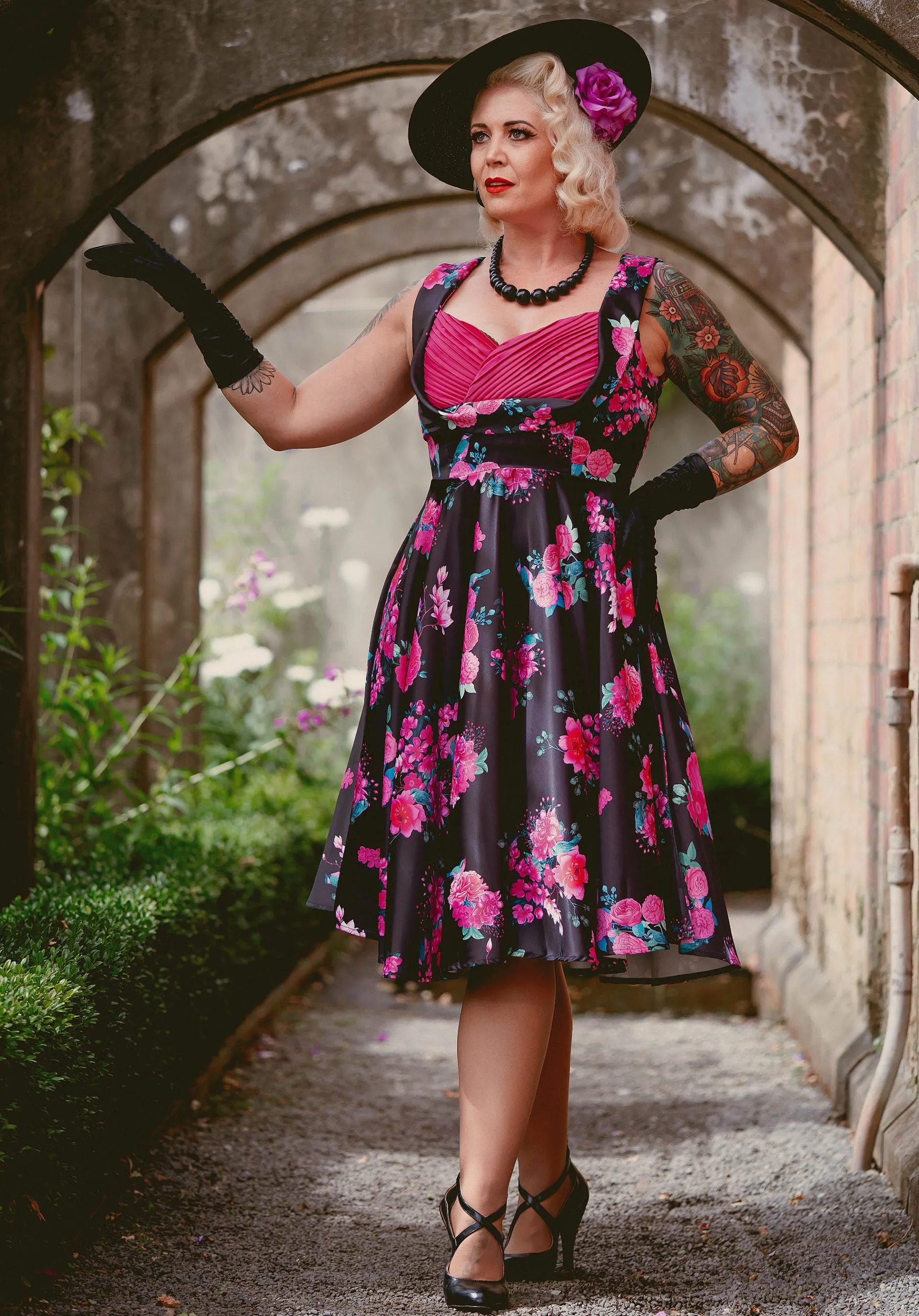 Dolly And Dotty 1950's Vintage Jive Dress In Black Floral