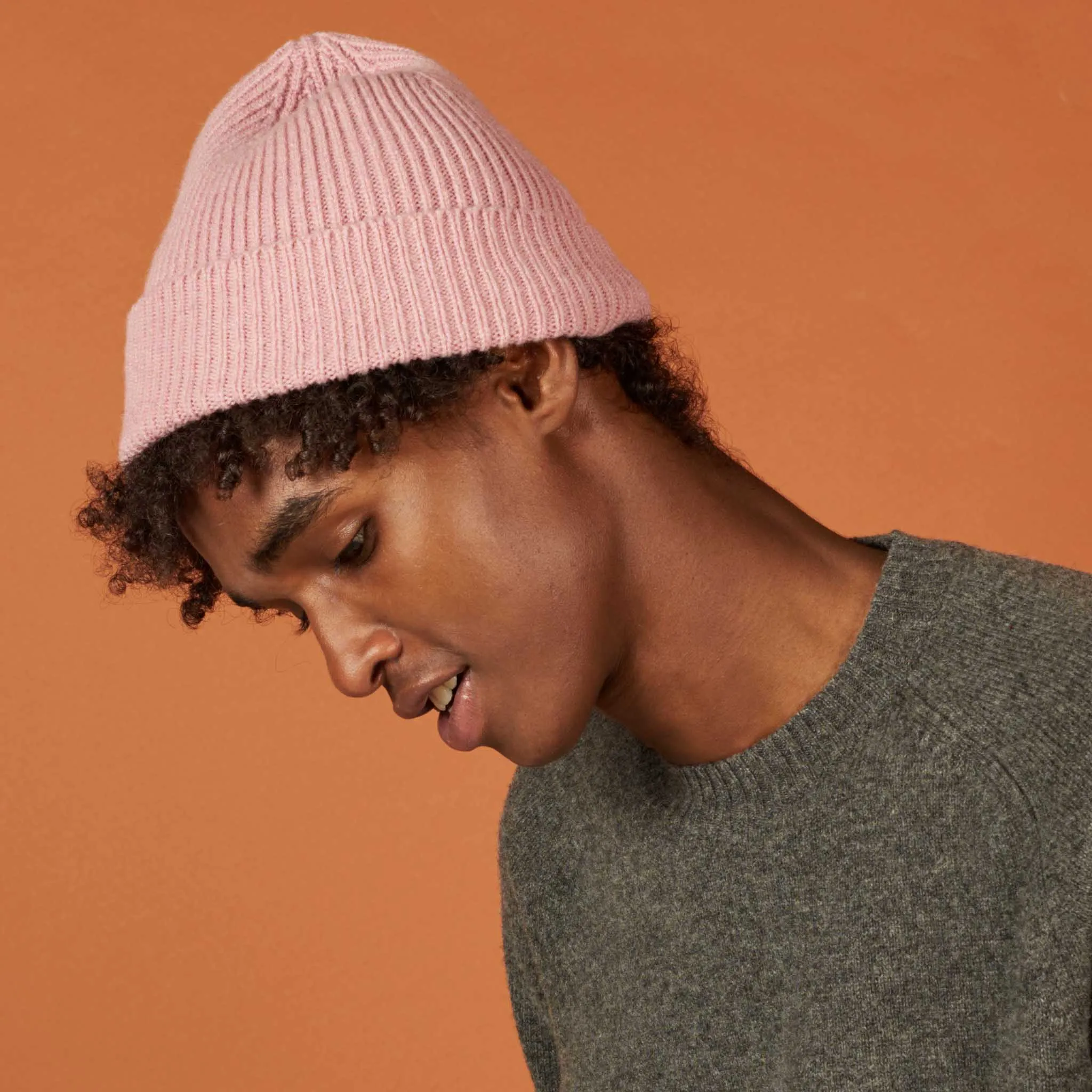 Dusky Pink Ribbed Lambswool Unisex Beanie