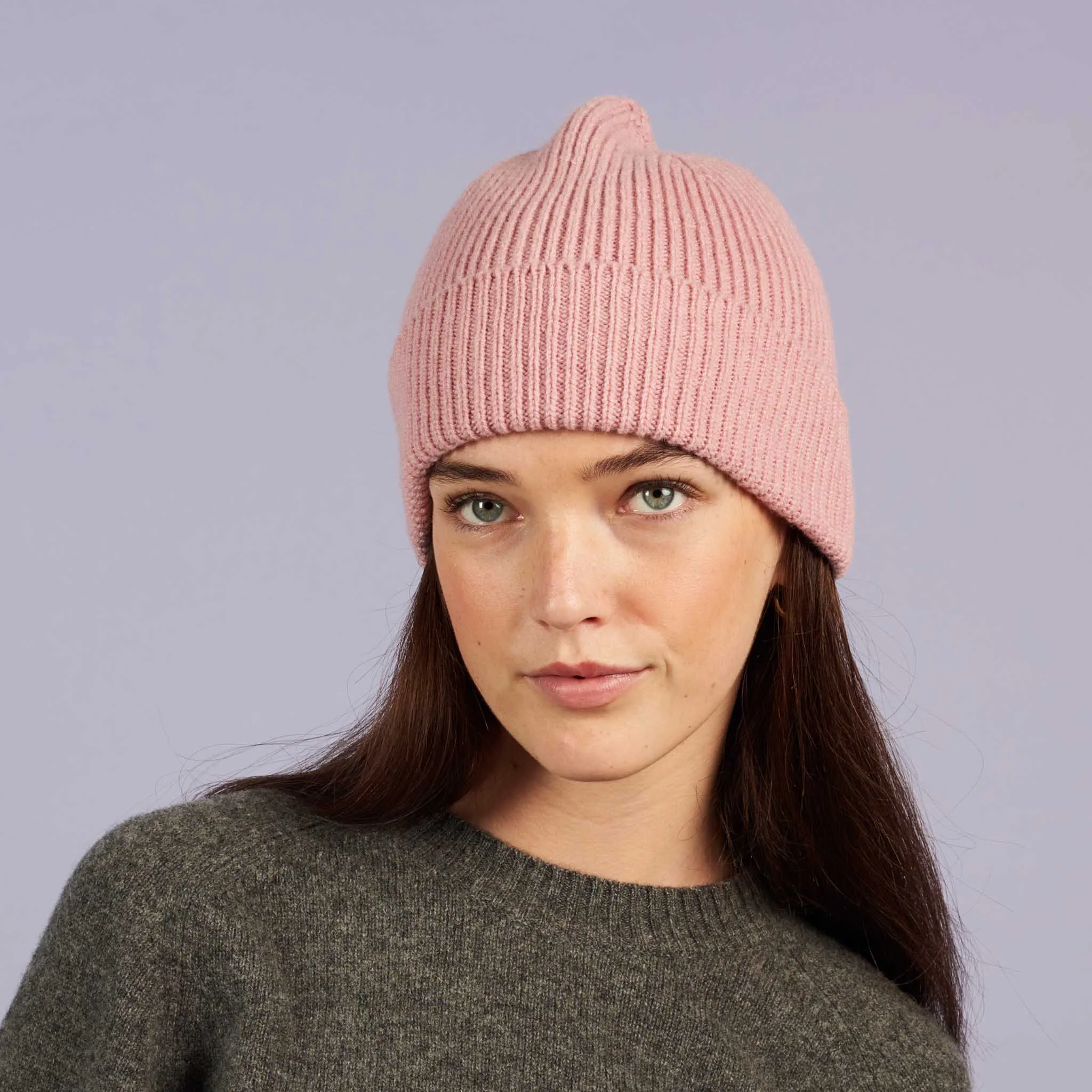 Dusky Pink Ribbed Lambswool Unisex Beanie