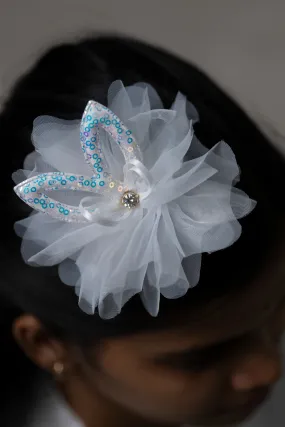 Elegant White Tulle Flower Hair Clip with Sequins for Girls