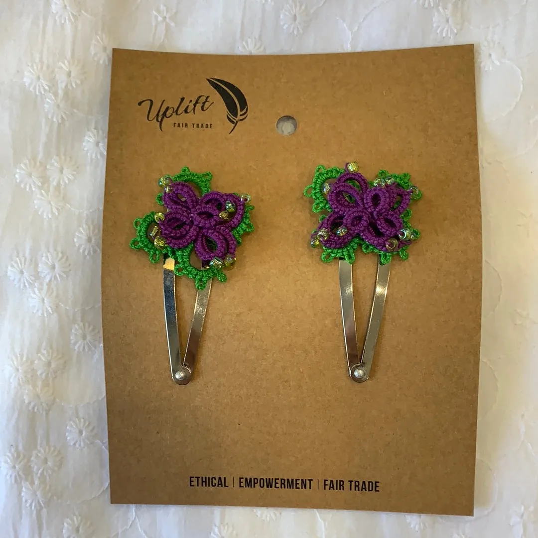 Fair Trade  Ethical Pair of Tatted Hair Clips with Beads