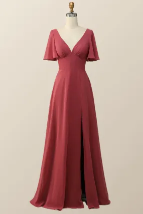 Flare Sleeves Terracotta Empire Chiffon Long Bridesmaid Dress