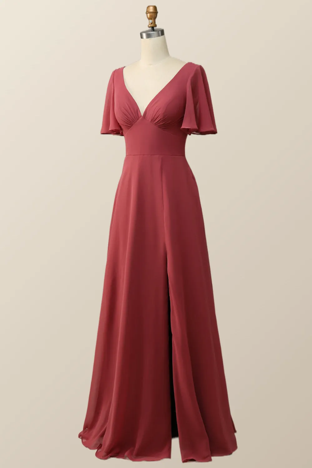 Flare Sleeves Terracotta Empire Chiffon Long Bridesmaid Dress