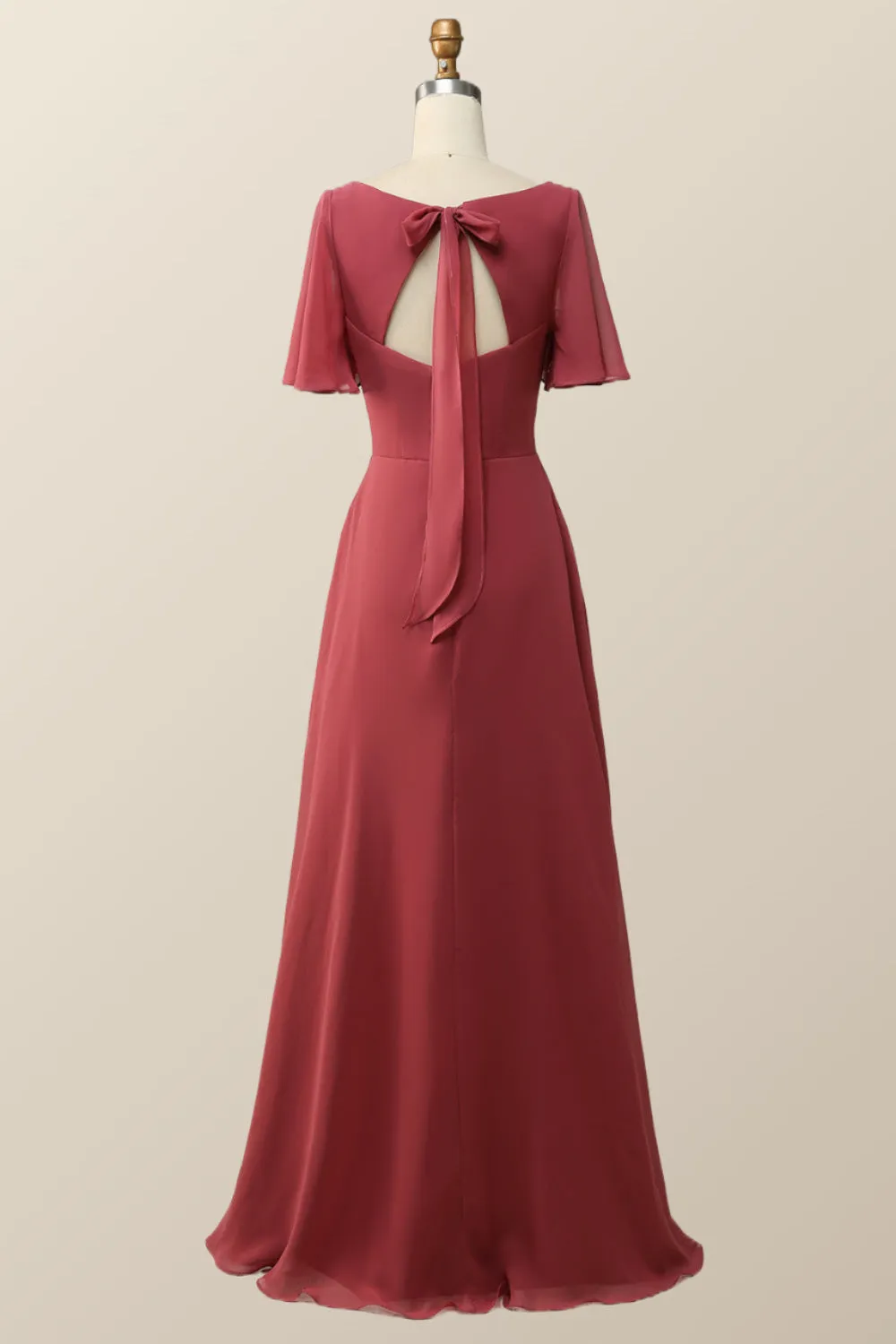 Flare Sleeves Terracotta Empire Chiffon Long Bridesmaid Dress